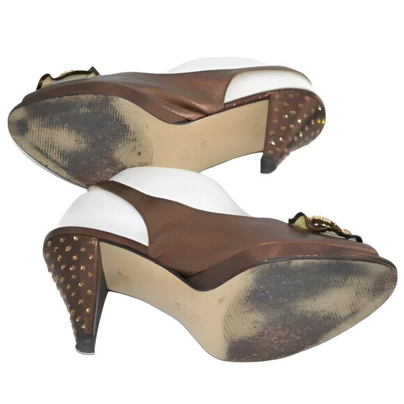 Luxury Louis David Metallic Copper Brown Leather Swarovski Crystal Heels 38 7.5 - Picture 8 of 13
